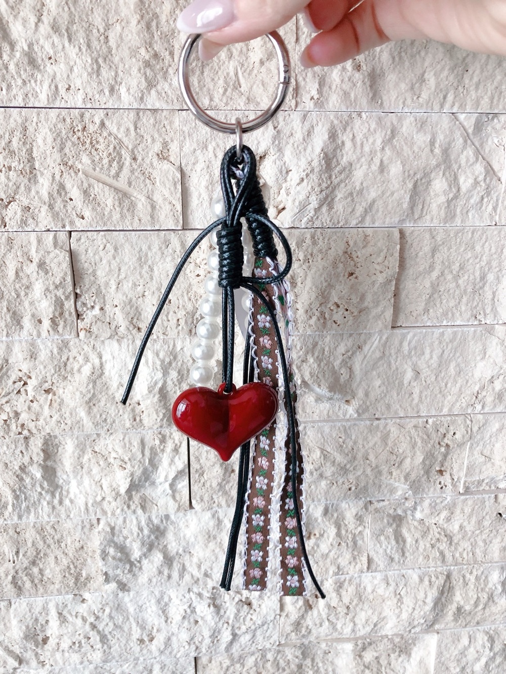 Bag charm key chain Red Heart with Pearl & Floral Tassels